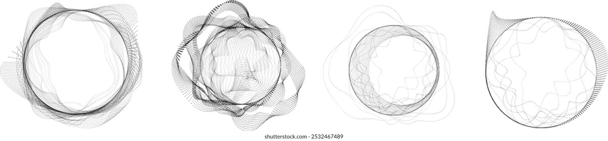 Pontos em forma de círculo . Forma arredondada pontilhada Ilustração vetorial . Muitos meios-tons formam um anel . Elemento de design . Vários pontos de meio-tom formando moldura redonda . Ponto geométrico abstrato 