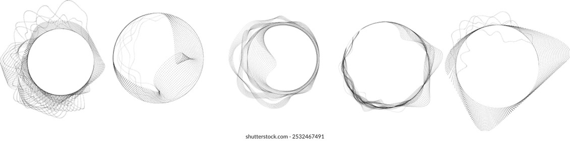 Pontos em forma de círculo . Forma arredondada pontilhada Ilustração vetorial . Muitos meios-tons formam um anel . Elemento de design . Vários pontos de meio-tom formando moldura redonda . Ponto geométrico abstrato 