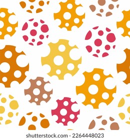 Puntos y círculos. Formas abstractas. Naranja, amarillo, rosa, rojo, marrón. Formas como el queso de dibujos animados. Papel envuelto, papel impreso, textil, tela.