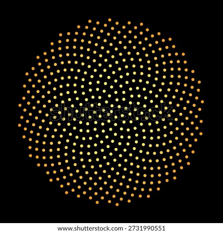Dots or circles with geometric patterns forming a sunflower seed. Geometric patterns, yellow with orange gradient on a black background. Math, golden ratio, organized, art, sin, cos, center, nature. Vector