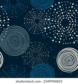 Dots and circles hand drawn vector seamless pattern in blues tones, fashion, print repeating background