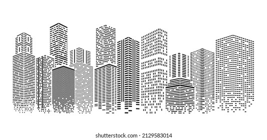 Dots city. Isolated cityscape with dot skyline. Office building, polygonal architecture abstract houses. Technology art, exact vector business futuristic urban landscape