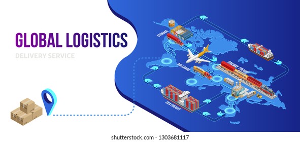 Dots connecting isometric structure of global logistics on world map with final delivery point
