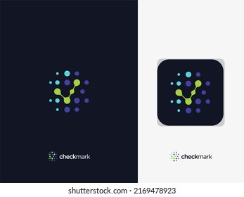 dots connection checkmark, tick icon logo design inspiration.