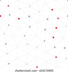 Dots with connections, seamless triangles pattern. White background. Vector repeating texture.