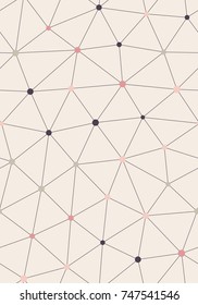 Dots with connections, seamless triangles pattern. Beige background. Vector repeating texture.