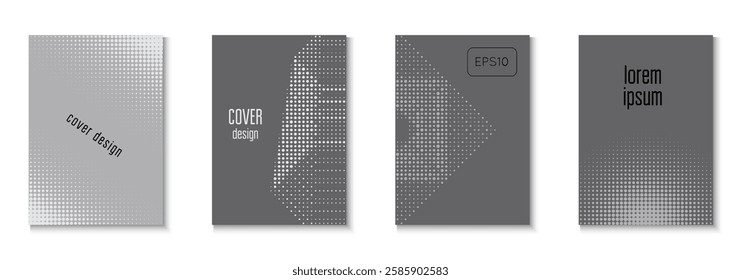 Dots Cover Set. Wave Texture. Black Business Pattern. Graphic Grey And White  Flyer. Summer Concept With Minimal Art. Linear Shapes In Annual Frame. Greyscale Dots Cover