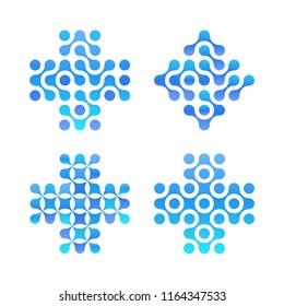 Dots cross logo set. Blue circles shapes, clean water logotype. Abstract pharmacy signs. New technology, medical vector symbol.
