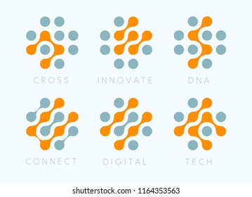 Dots Cross Vector Emblem Set. Innovate Bio Tech Modern Icons. Digital Science Labosatory Isolated Logo Collection. Abstract Plus Symbols From Orange And Grey Circles . Chip Connect Unusual Signs.