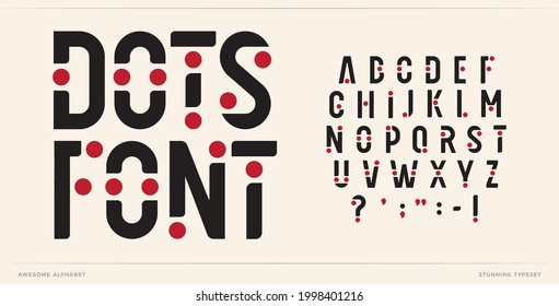 Dots font art alphabet letters. Creative logo letters with points. Trendy futuristic typographic design. Fun letter set for carnival logo, music cover, poster headline type. Vector typeset with balls