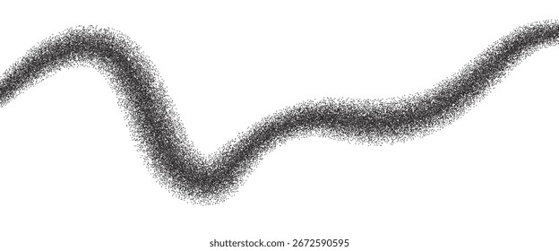 Dots gradient abstract wavy line shape. Squiggle curves way black grain textured element. Long stipple path effect brushstroke. Whimsical underline gradient dotwork. Vector noise background.
