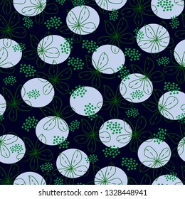 dots and green flowers on a dark blue color