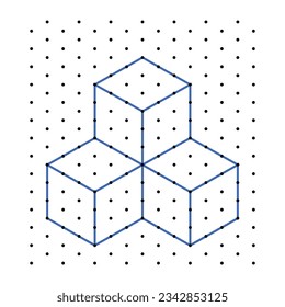 Dots grid isometric cube dotted line. line drawing. School math sheet. on white background. the world of geometry
