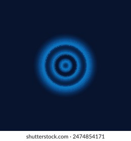 Dots grid rings, ripple effect vector illustration. Sound impact round effect. Digital splash blue concentric circles with particles. Network antenna or frequency signal on dark