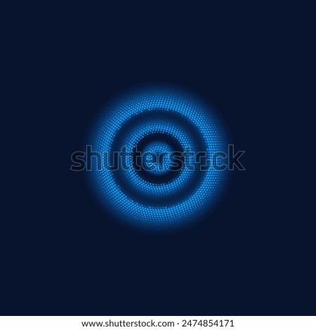 Dots grid rings, ripple effect vector illustration. Sound impact round effect. Digital splash blue concentric circles with particles. Network antenna or frequency signal on dark