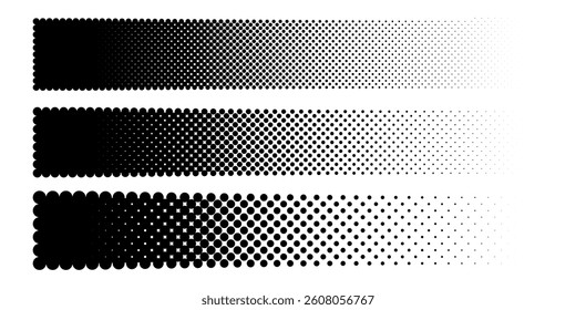 Dots halftone gradient or dotwork pattern backgrounds. Abstract vector halftone monochrome color gradation texture or half tone pattern background