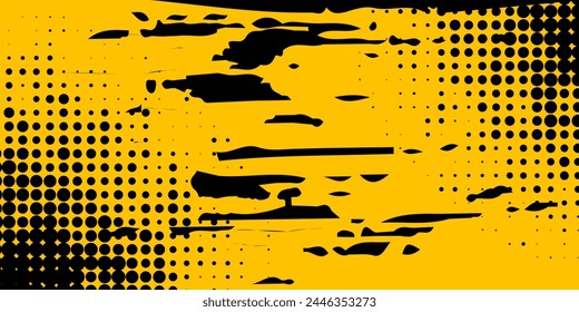 Fondo de textura grunge degradado de patrón de color amarillo y azul oscuro de los puntos de semitonos. Dots pop art sport estilo Ilustración vectorial fondo moderno grunge