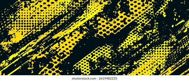 Dots halftone yellow and dark blue color pattern gradient grunge texture background. Dots pop art sport style vector illustration.