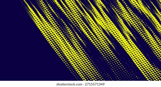 Fondo de textura de grunge de gradiente de patrón de color amarillo y azul oscuro de semitono de puntos. Vector grunge sport.