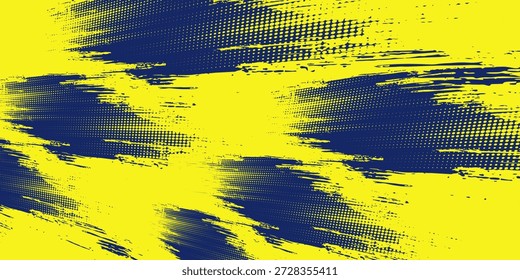 Punkte Halbton gelb und dunkelblaue Farbmuster Farbverlauf Grunge Textur Hintergrund. Dots Pop Art Sport Stil Vektorgrafik. EPS10