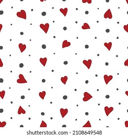Dots and hearts seamless vector pattern. Love symbol design for Valentine's Day in red and grey. Perfect for love, surface, nursery, home decor, wallpaper and web design.
