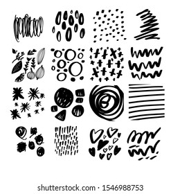 Dots, leaves, lines and hearts. Hand drawn elements for your design