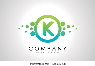 Dots Letter K Logo in Blue and Green Gradient. Alphabet Dotted Logo Vector Design, EPS10.