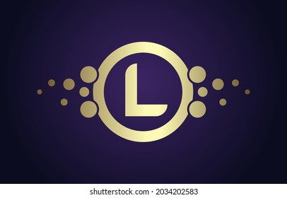 Dots Letter L Logo in Gold and Purple Background. Alphabet Dotted Logo Vector Design, EPS10.