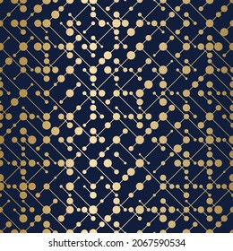 Dots line golden seamless pattern on dark blue background. Abstract technology gold texture. Connected points network tech luxury wrapping paper. Geometric simple constellation wallpaper