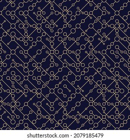 Dots line golden seamless pattern on dark blue background. Abstract technology soft texture. Connected points network tech luxury wrapping paper. Geometric simple monochrome wallpaper