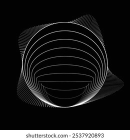 Pontos e linhas em forma de círculo. Forma arredondada pontilhada Ilustração vetorial. Muitos meios-tons formam um anel. Elemento de design. Vários pontos e linhas de meio-tom formam um quadro redondo. Ponto geométrico abstrato 