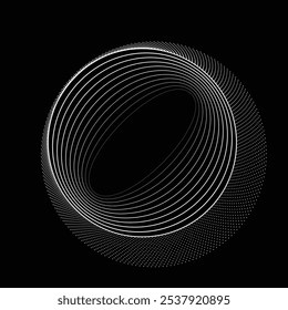 Pontos e linhas em forma de círculo. Forma arredondada pontilhada Ilustração vetorial. Muitos meios-tons formam um anel. Elemento de design. Vários pontos e linhas de meio-tom formam um quadro redondo. Ponto geométrico abstrato 