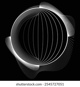 Pontos e linhas em forma de círculo. Forma arredondada pontilhada Ilustração vetorial. Muitos meios-tons formam um anel. Elemento de design. Vários pontos e linhas de meio-tom formam um quadro redondo. Ponto geométrico abstrato 