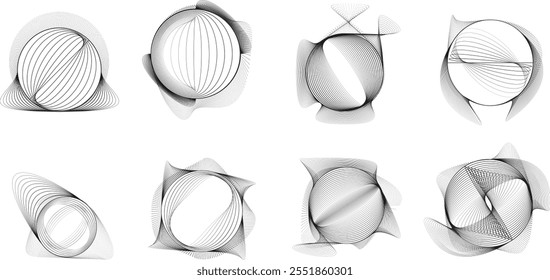 Pontos e linhas em forma de círculo. Forma arredondada pontilhada Ilustração vetorial. Muitos meios-tons formam um anel. Elemento de design. Vários pontos e linhas de meio-tom formam um quadro redondo. Ponto geométrico abstrato 