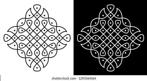 Dots, Lines and Curves - Indian Traditional and Cultural Rangoli, Alpona, Kolam or paisley Vector Line art with Dark and White Backgrounds