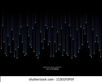 Dots lines dropping in light blue and green colors on black background in concept technology, music, digital, ai, science.