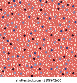 Dots and lines fun confetti seamless repeat pattern. Random placed, vector geometrical shapes all over surface print.