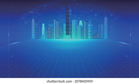 Dots and lines link the concept of an interconnected network of future urban buildings under the earth