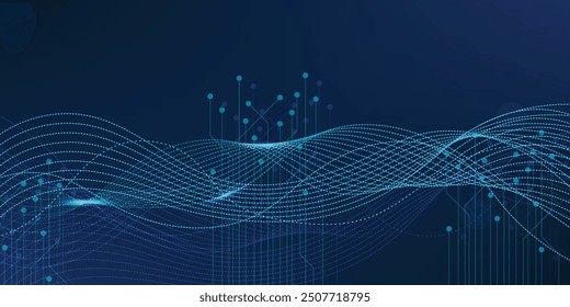 Dots and lines penetrate upward through particle trajectory network technology and speed sense background