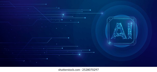 Tecnologia de pontos e linhas com logotipo de inteligência artificial, sobre fundo azul abstrato