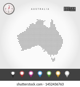 Dots Map of Australia. Simple Silhouette of Australia. Realistic Vector Compass. Set of Multicolored Map Markers. Vector Illustration.