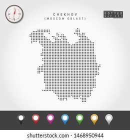 Dots Map of Chekhov, Moscow Oblast. Simple Silhouette of Chekhov. Vector Compass. Multicolored Map Markers. Vector Illustration.