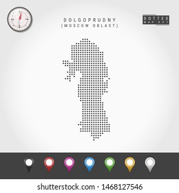 Dots Map of Dolgoprudny, Moscow Oblast. Simple Silhouette of Dolgoprudny. Vector Compass. Multicolored Map Markers. Vector Illustration.