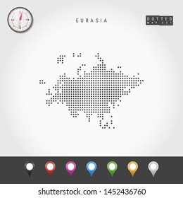 Dots Map of Eurasia. Simple Silhouette of Eurasia. Realistic Vector Compass. Set of Multicolored Map Markers. Vector Illustration.