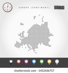 Dots Map of European Continent. Simple Silhouette of Europe. Realistic Vector Compass. Set of Multicolored Map Markers. Vector Illustration.