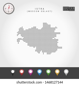 Dots Map of Istra, Moscow Oblast. Simple Silhouette of Istra. Vector Compass. Multicolored Map Markers. Vector Illustration.