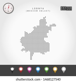 Dots Map of Lobnya, Moscow Oblast. Simple Silhouette of Lobnya. Vector Compass. Multicolored Map Markers. Vector Illustration.