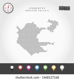 Dots Map of Lyubertsy, Moscow Oblast. Simple Silhouette of Lyubertsy. Vector Compass. Multicolored Map Markers. Vector Illustration.
