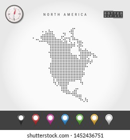 Dots Map of North America. Simple Silhouette of North America. Realistic Vector Compass. Set of Multicolored Map Markers. Vector Illustration.