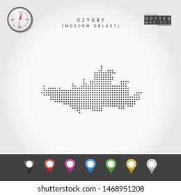 Dots Map of Ozyory, Moscow Oblast. Simple Silhouette of Ozyory. Vector Compass. Multicolored Map Markers. Vector Illustration.